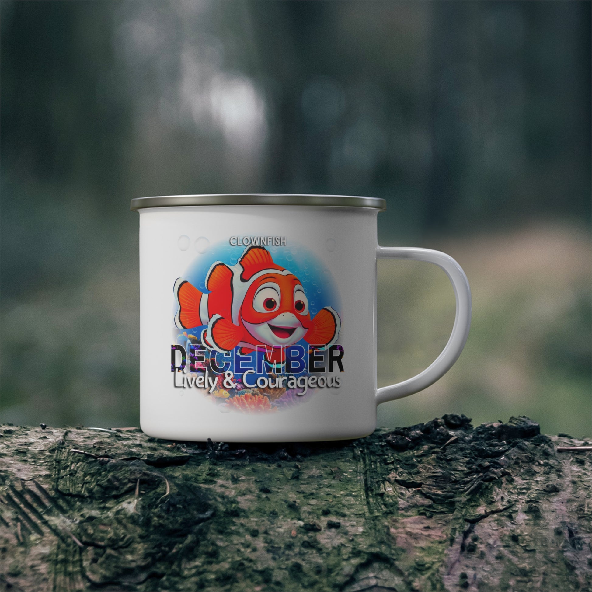 Kids birth month camping mug featuring December clownfish design with lively and courageous text