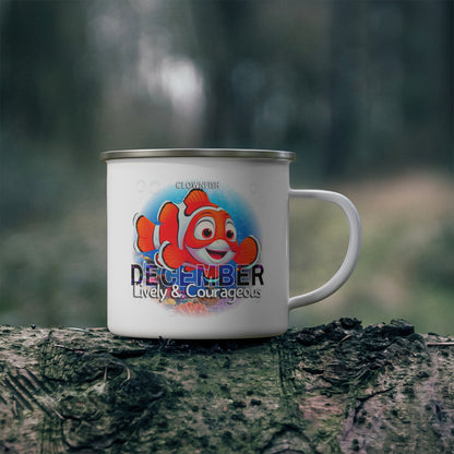 Kids birth month camping mug featuring December clownfish design with lively and courageous text