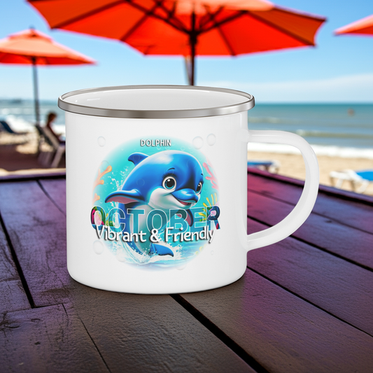 Kids birth month camping mug featuring a vibrant dolphin design for October on white enamel surface
