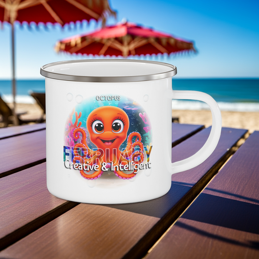 Kids birth month camping mug featuring a colorful February octopus design on a beach table