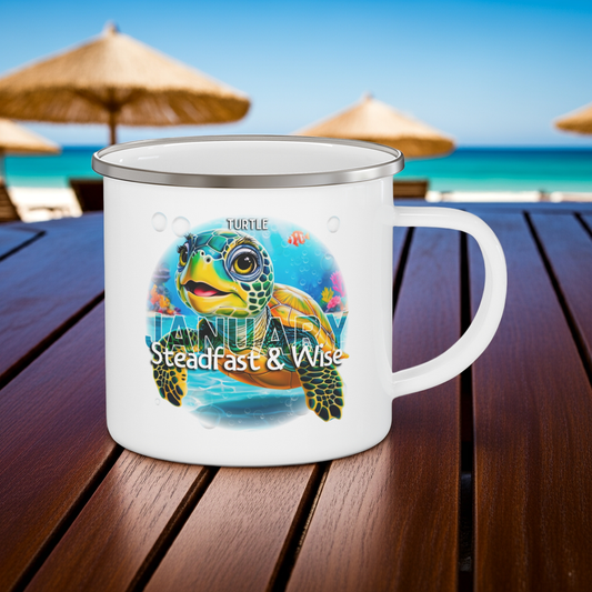 Kids birth month camping mug featuring January turtle design with steadfast and wise text
