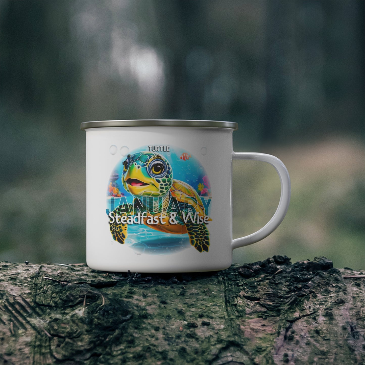 January kids birth month camping mug featuring a colorful turtle design and wise message
