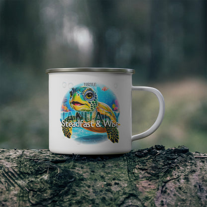 January kids birth month camping mug featuring a colorful turtle design and wise message