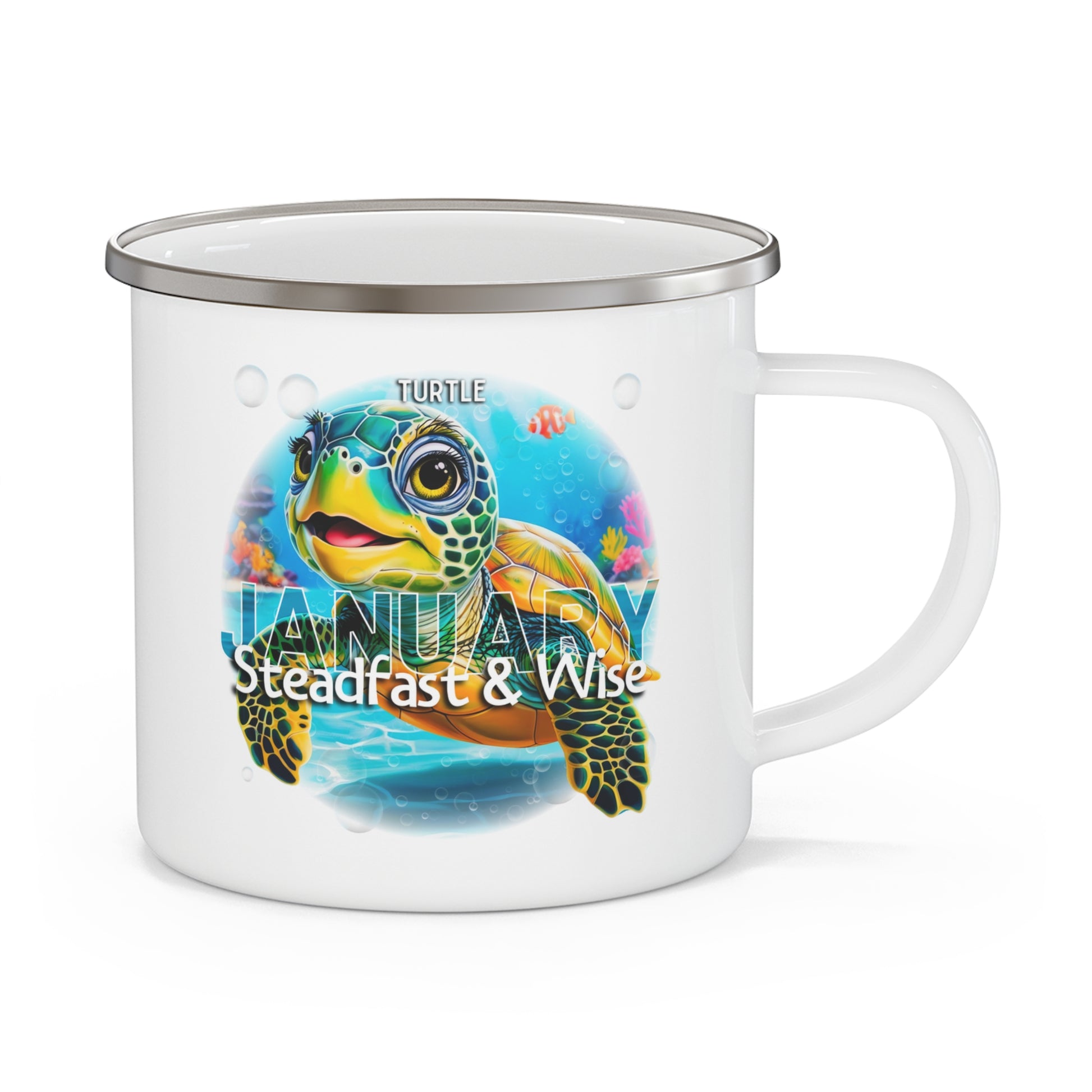 Kids birth month camping mug featuring a January turtle design with steadfast and wise text