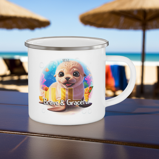 Kids birth month camping mug featuring a cute seal with July and Brave & Graceful text