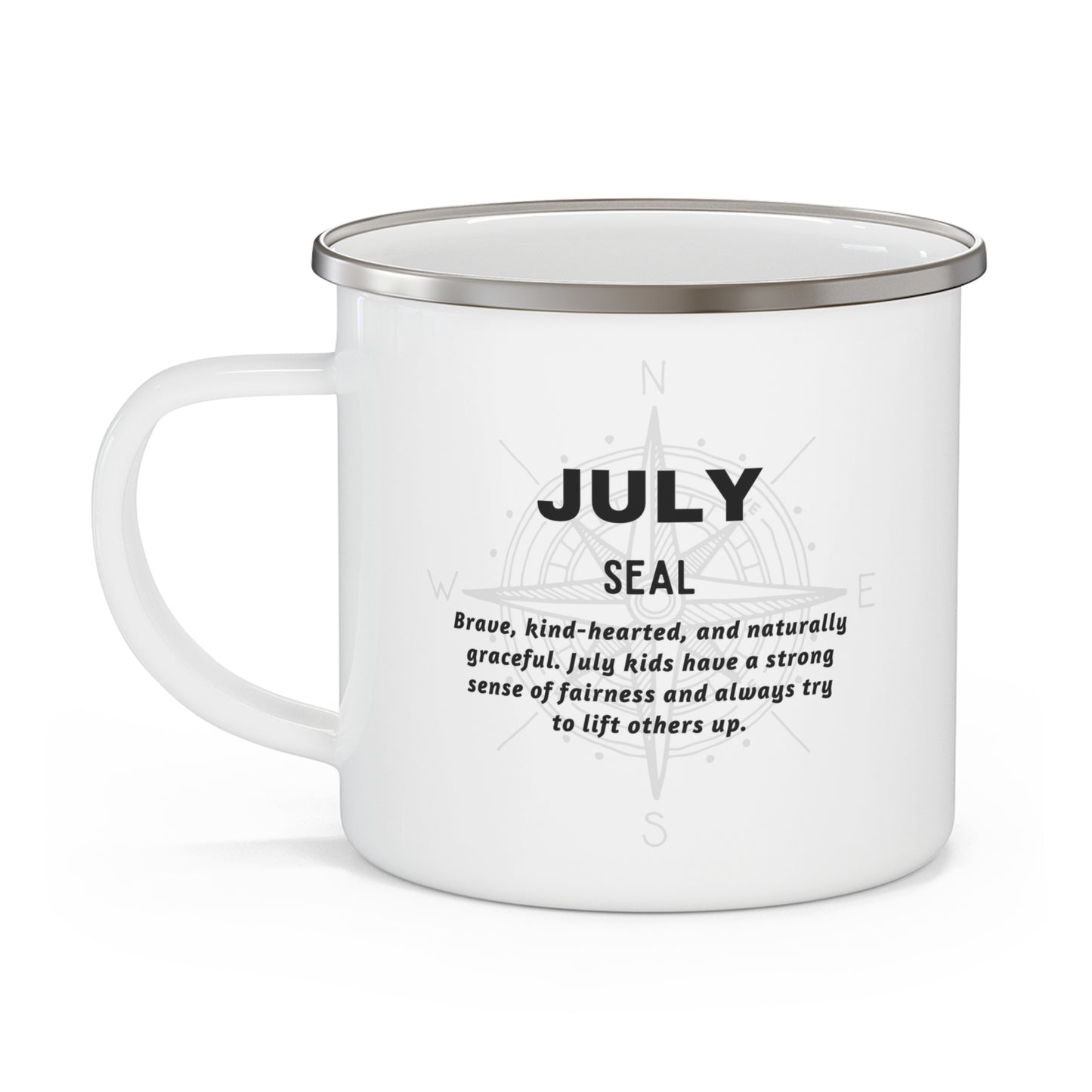 Kids birth month camping mug featuring July Seal design with inspirational text