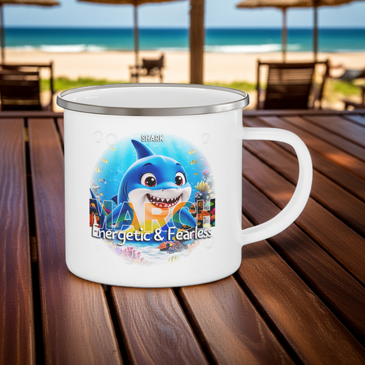 Kids birth month camping mug with March shark design and energetic fearless theme