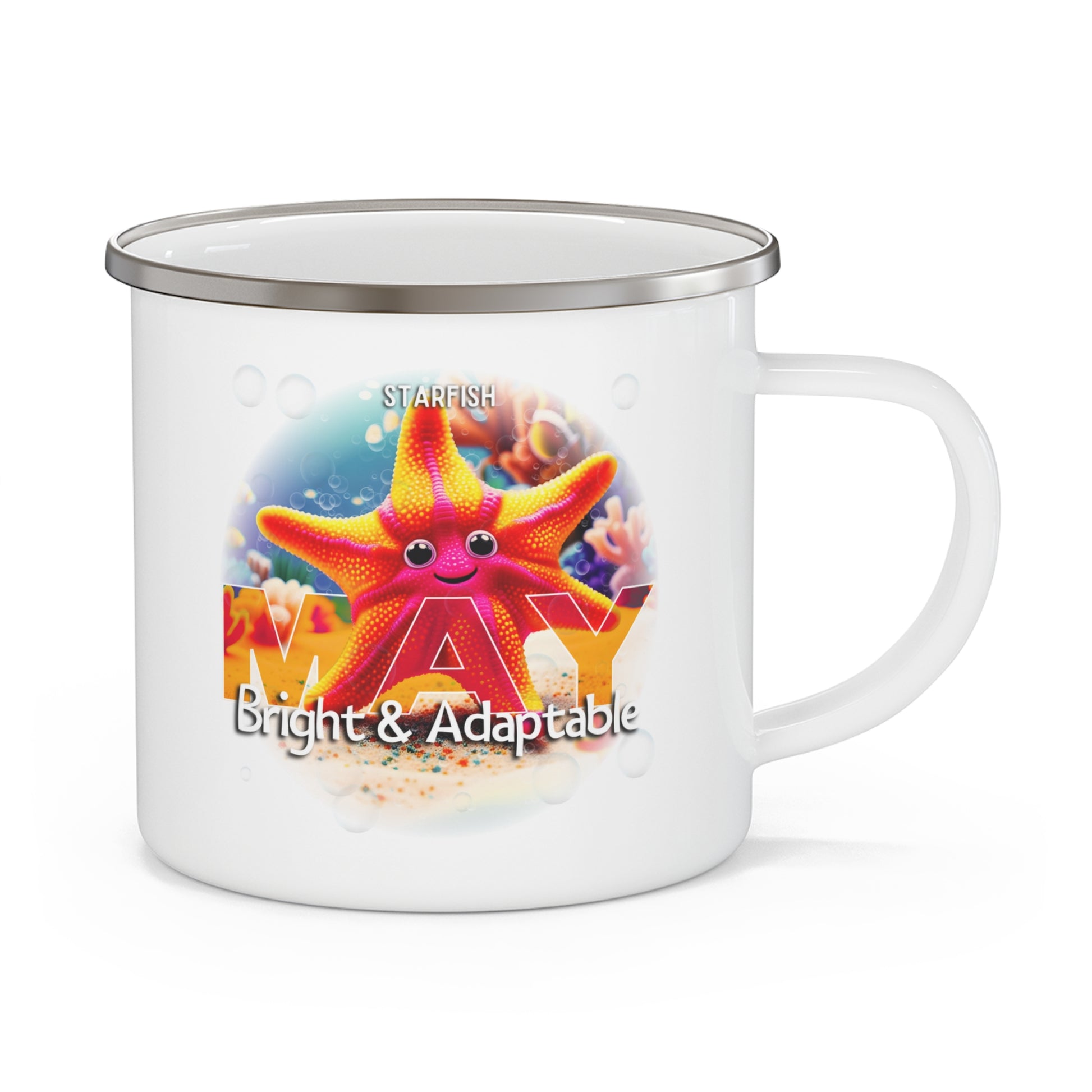 Kids birth month camping mug featuring May starfish design with bright and adaptable theme