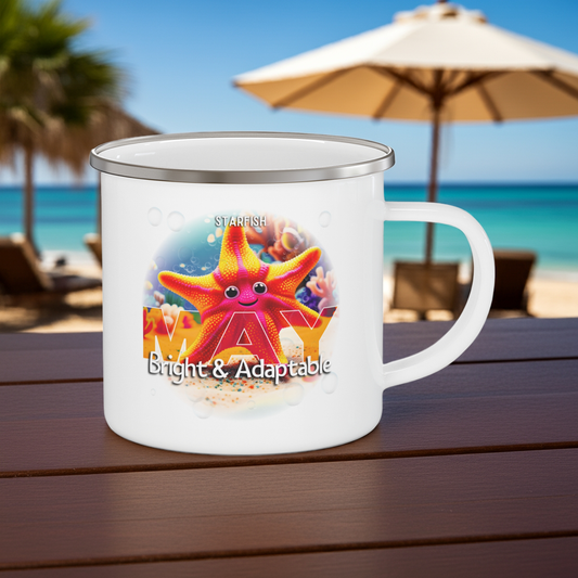 Kids birth month camping mug with starfish design for May featuring bright and adaptable text
