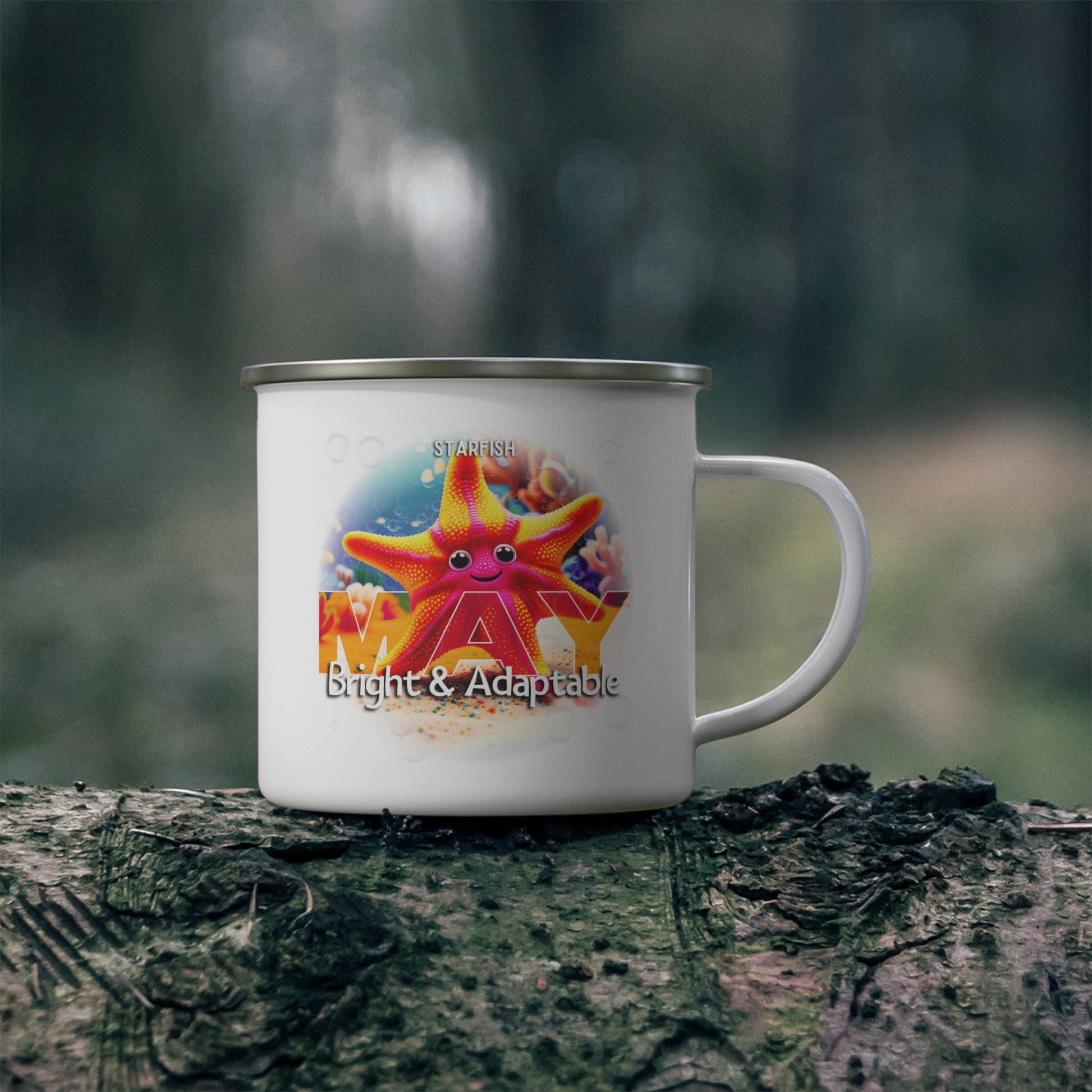 Kids birth month camping mug featuring a colorful May starfish design with bright and adaptable text