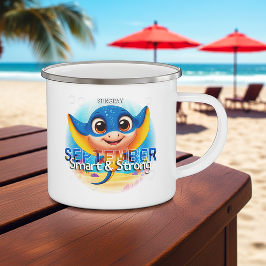 Kids birth month camping mug with playful stingray and September smart and strong design