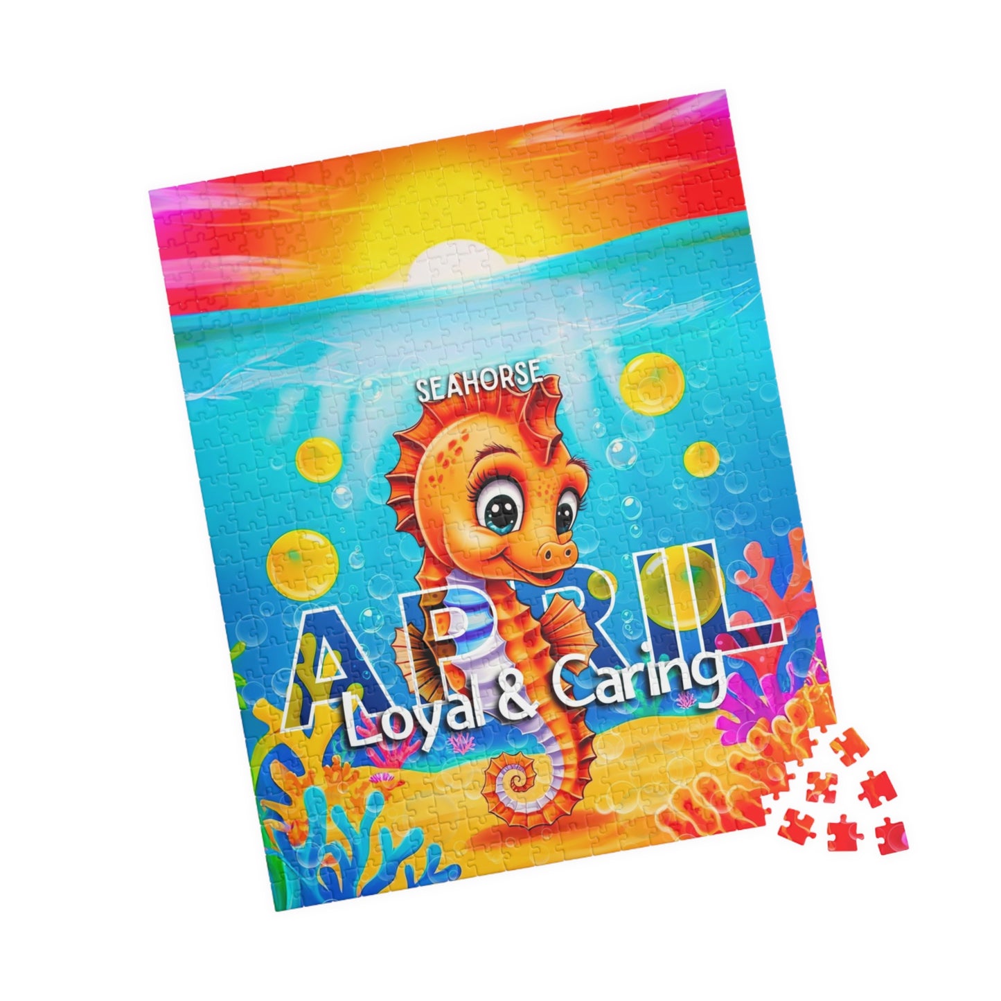Colorful kids birth month puzzle featuring a seahorse and April with loyal and caring traits