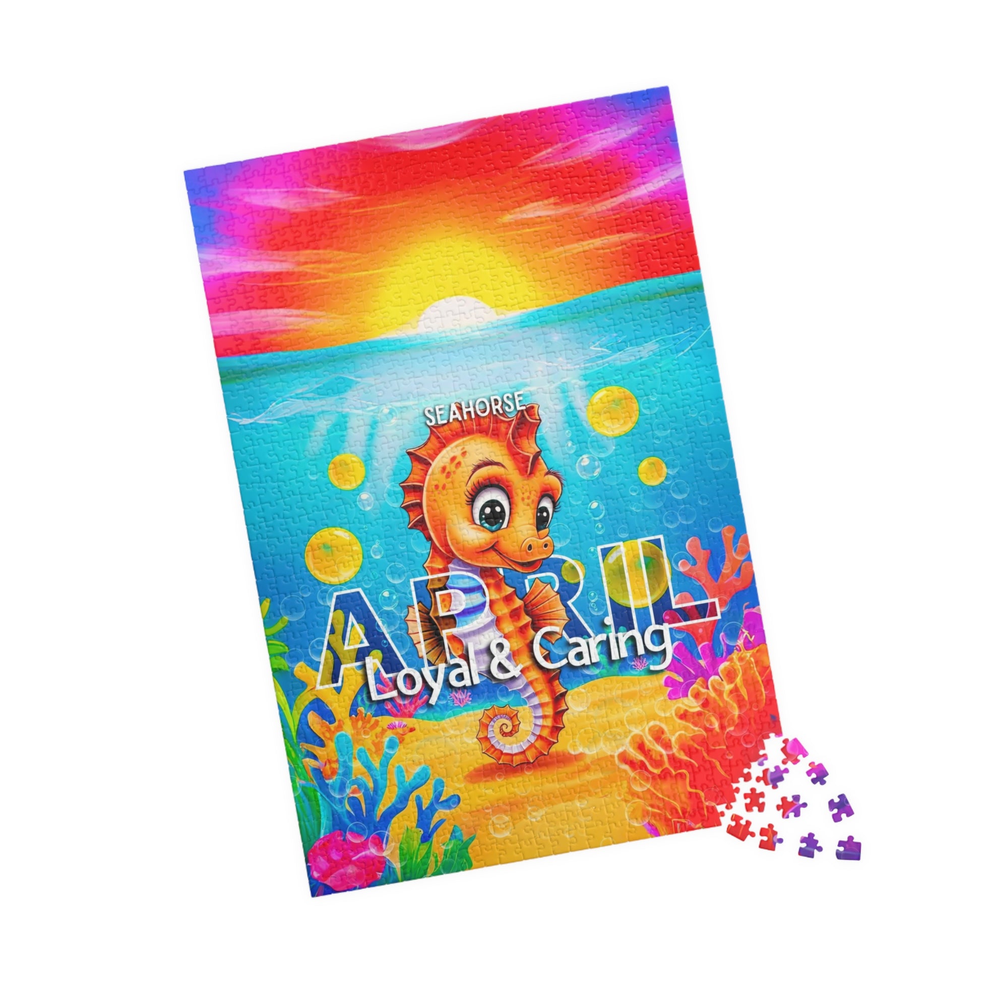 Kids birth month puzzle featuring April seahorse with vibrant underwater scene and colorful coral