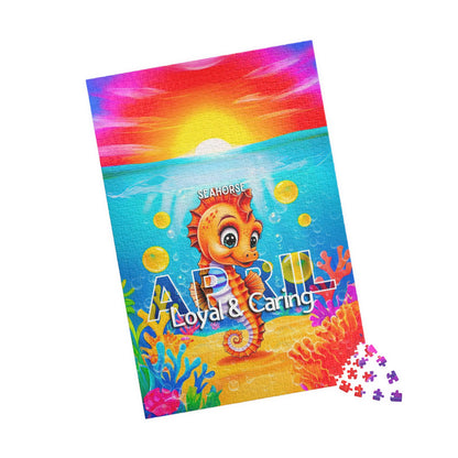 Kids birth month puzzle featuring April seahorse with vibrant underwater scene and colorful coral