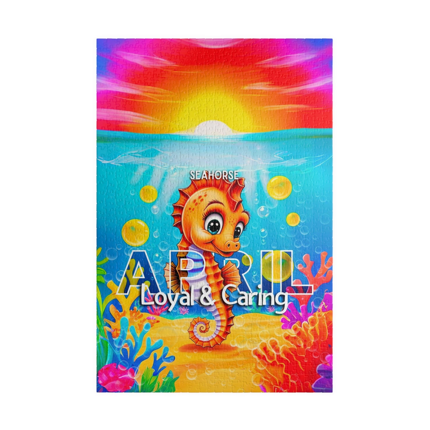 Kids birth month puzzle featuring a colorful seahorse for April with loyal and caring traits