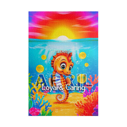 Kids birth month puzzle featuring a colorful seahorse for April with loyal and caring traits