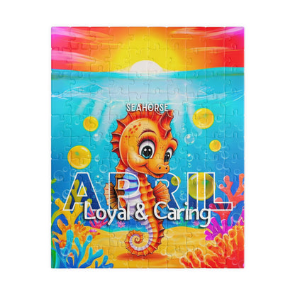 Kids birth month puzzle featuring a colorful seahorse with loyal and caring traits