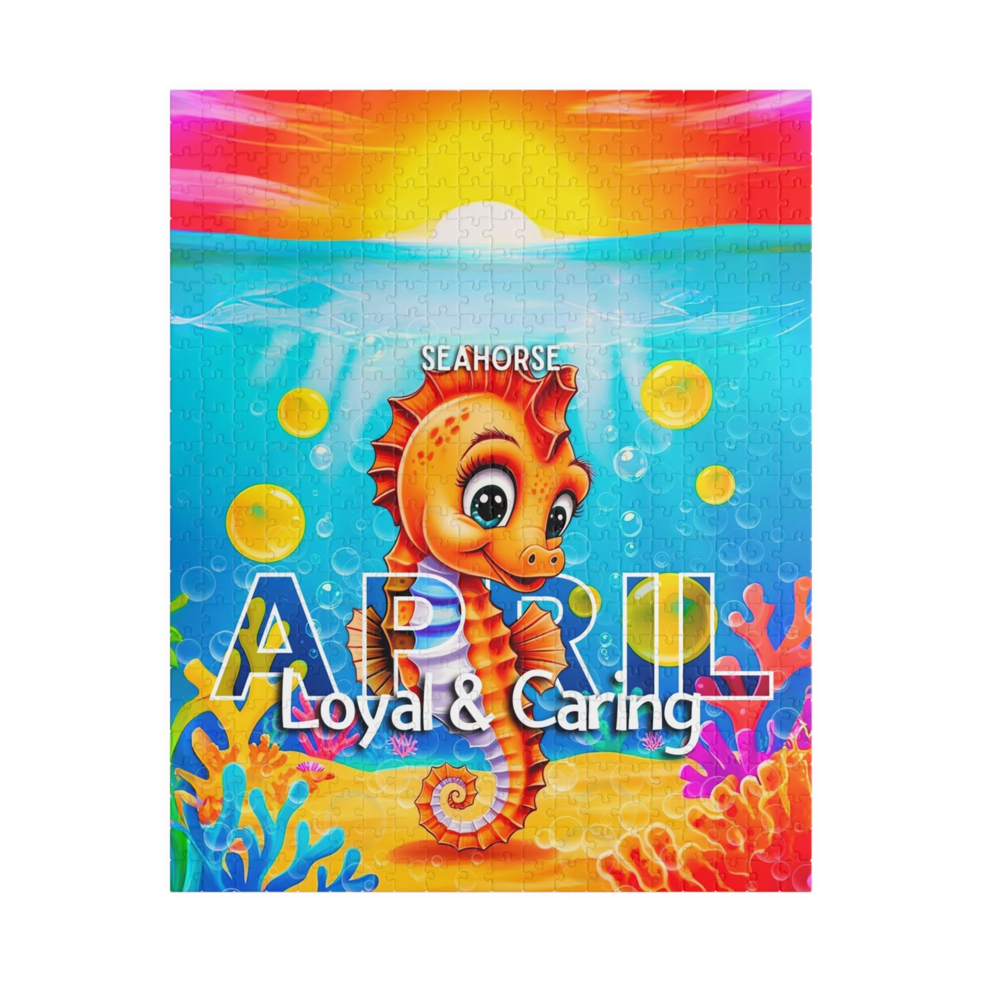 Kids birth month puzzle featuring a colorful seahorse design with the text Loyal and Caring
