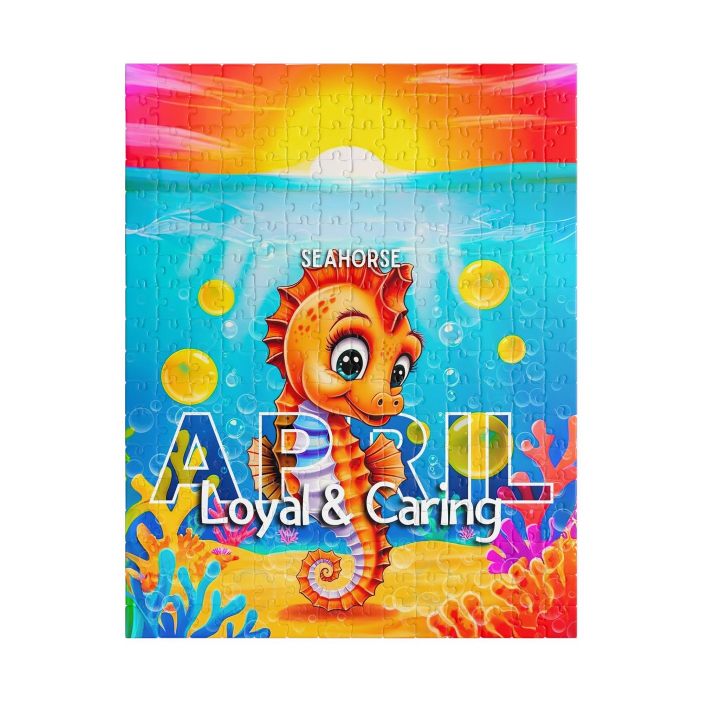 Colorful kids birth month puzzle featuring a seahorse and underwater scene for March