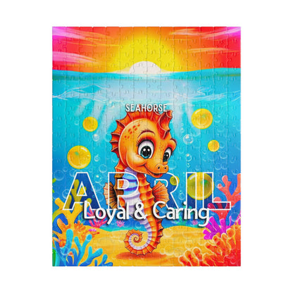 Colorful kids birth month puzzle featuring a seahorse and underwater scene for March