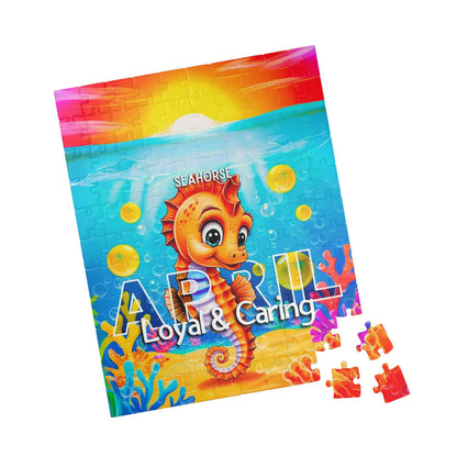 Kids birth month puzzle April with colorful seahorse design and loyal caring text 