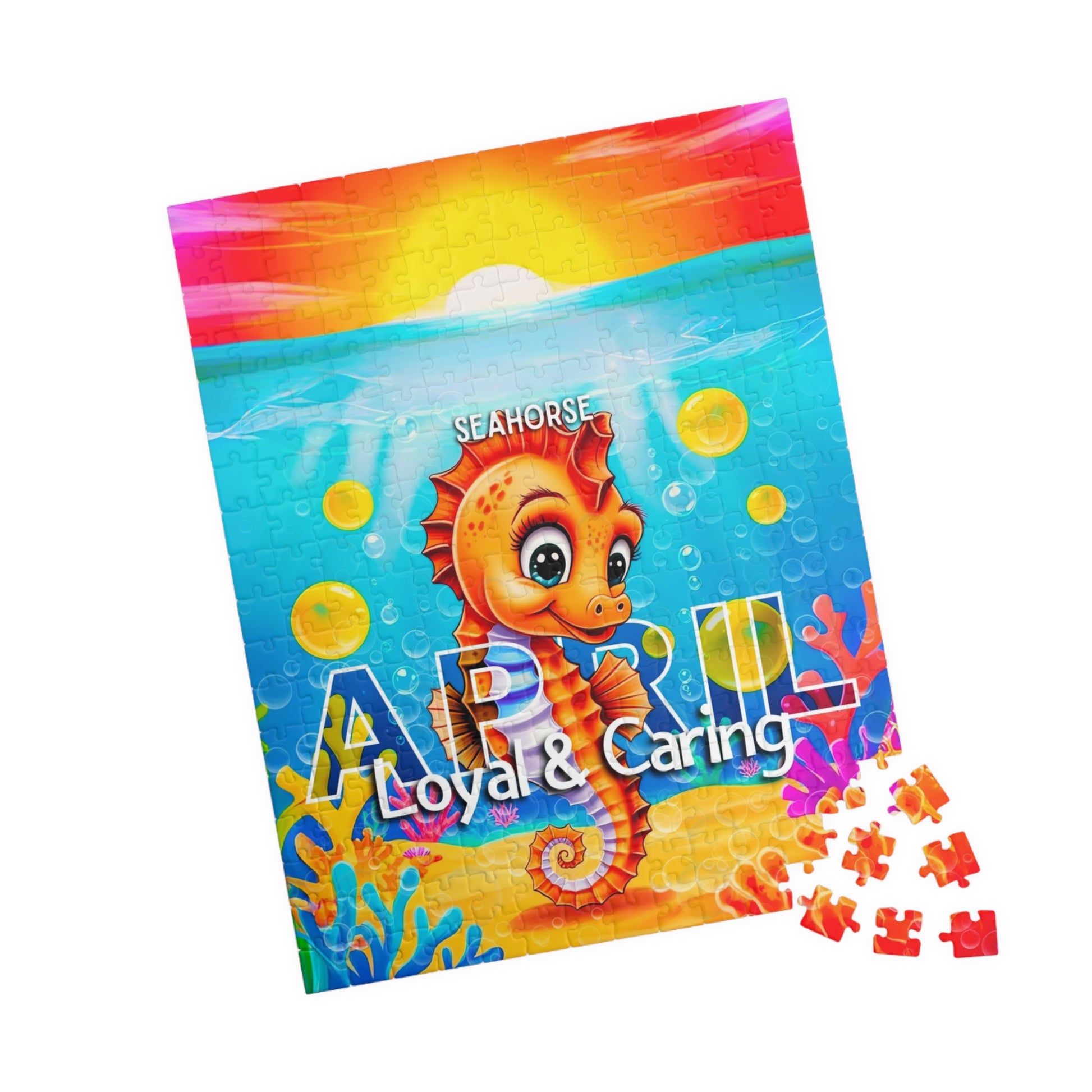 Kids birth month puzzle featuring April seahorse design with colorful ocean scene