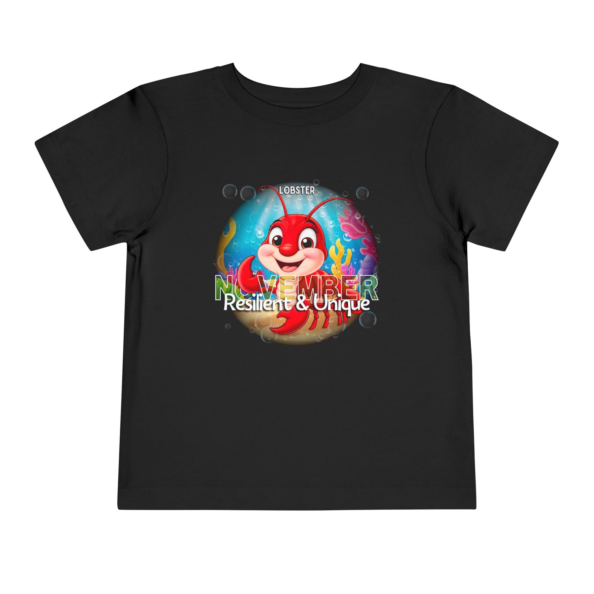 Black kids birth month tshirt featuring a colorful lobster and November text with Resilient and Unique slogan
