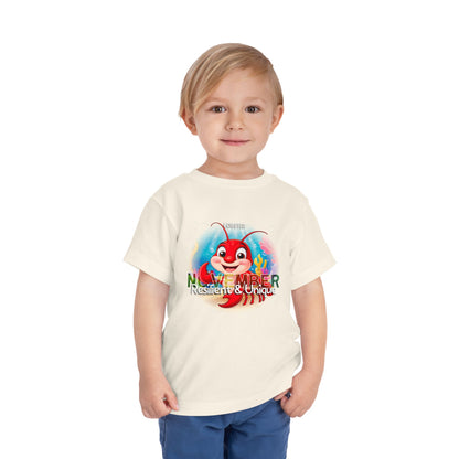 Boy wearing kids birth month tshirt with November crab design in white short sleeve