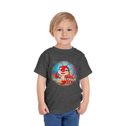 Child wearing a kids birth month tshirt featuring a colorful lobster design for November 