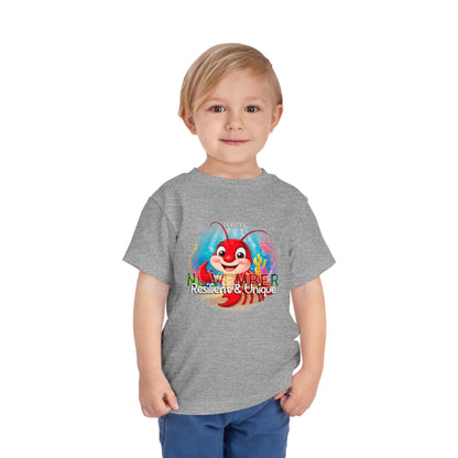 Toddler wearing kids birth month tshirt with November lobster design in gray