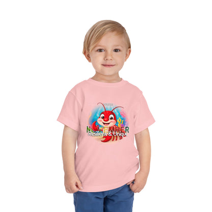Child wearing a pink kids birth month tshirt with a colorful November crab design and unique traits