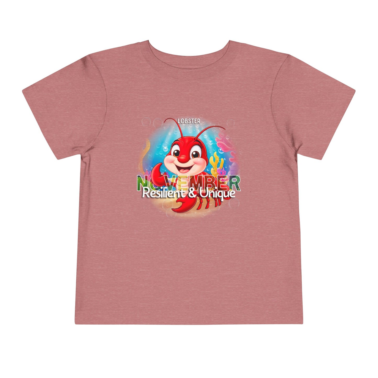 Pink kids birth month tshirt with colorful lobster graphic and November text for kids