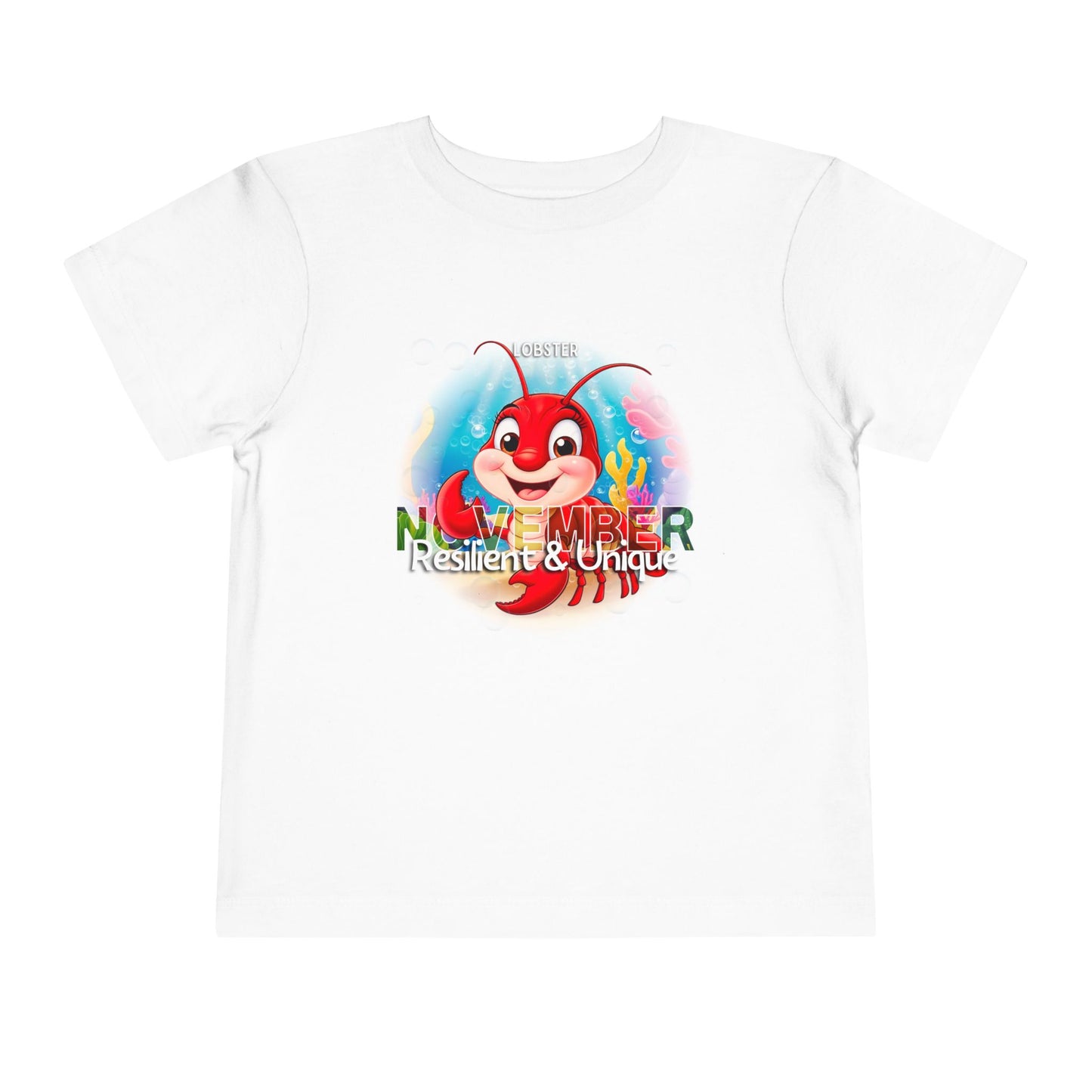 Kids white birth month tshirt featuring November lobster design with resilient and unique text