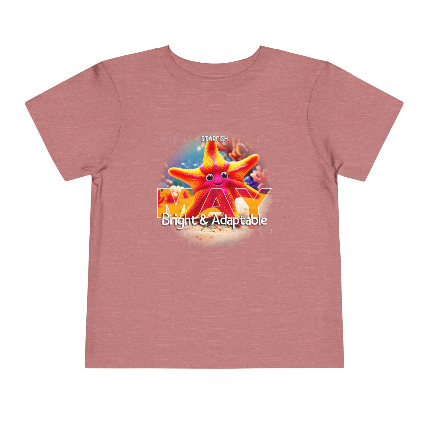 Kids birth month tshirt with bright adaptable starfish design on pink short sleeve shirt