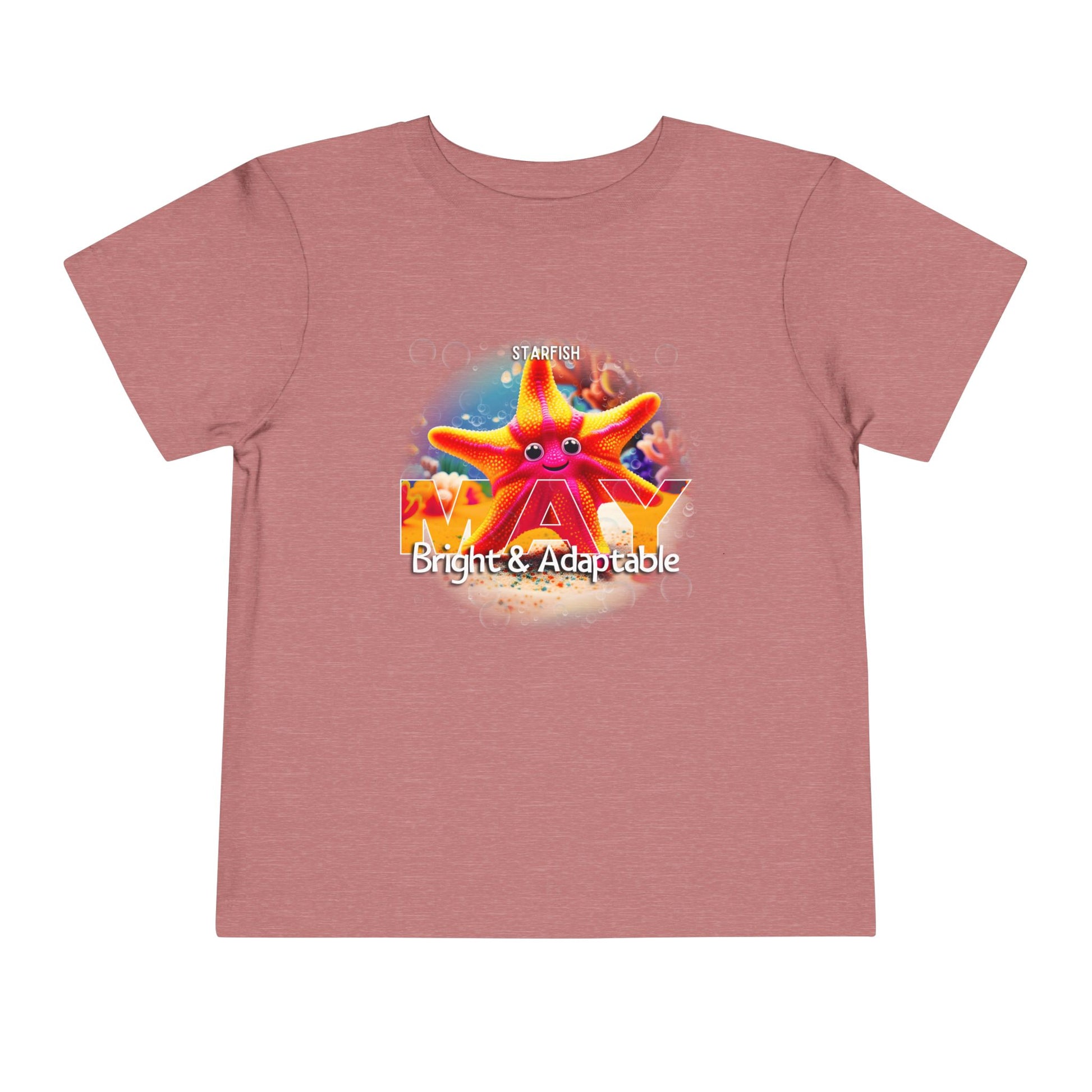 Kids birth month tshirt with bright adaptable starfish design on pink short sleeve shirt