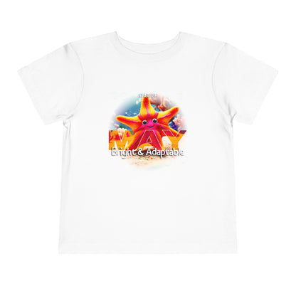 White kids birth month tshirt with May starfish design and bright adaptable text