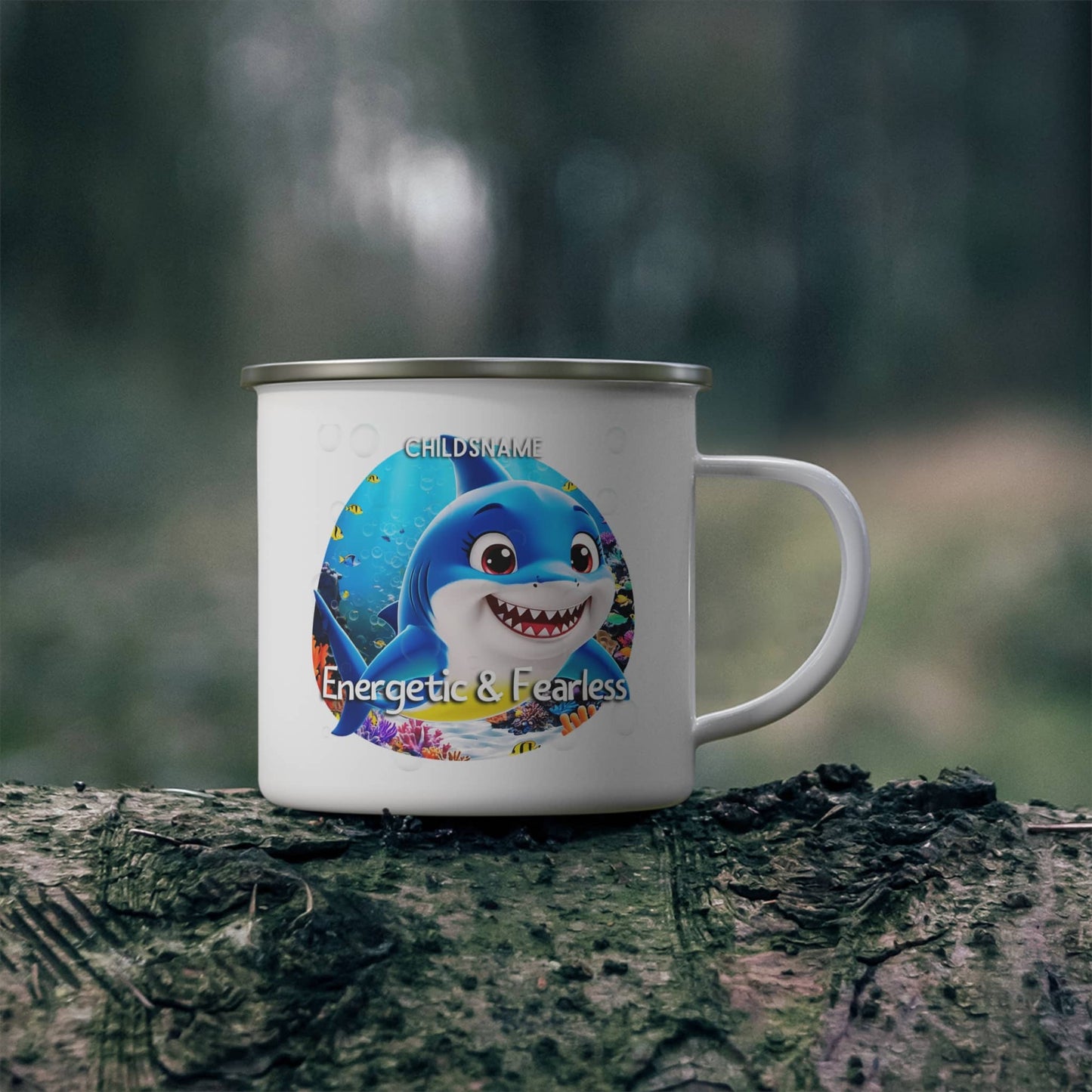White kids camping mug with a cartoon shark design on a tree branch