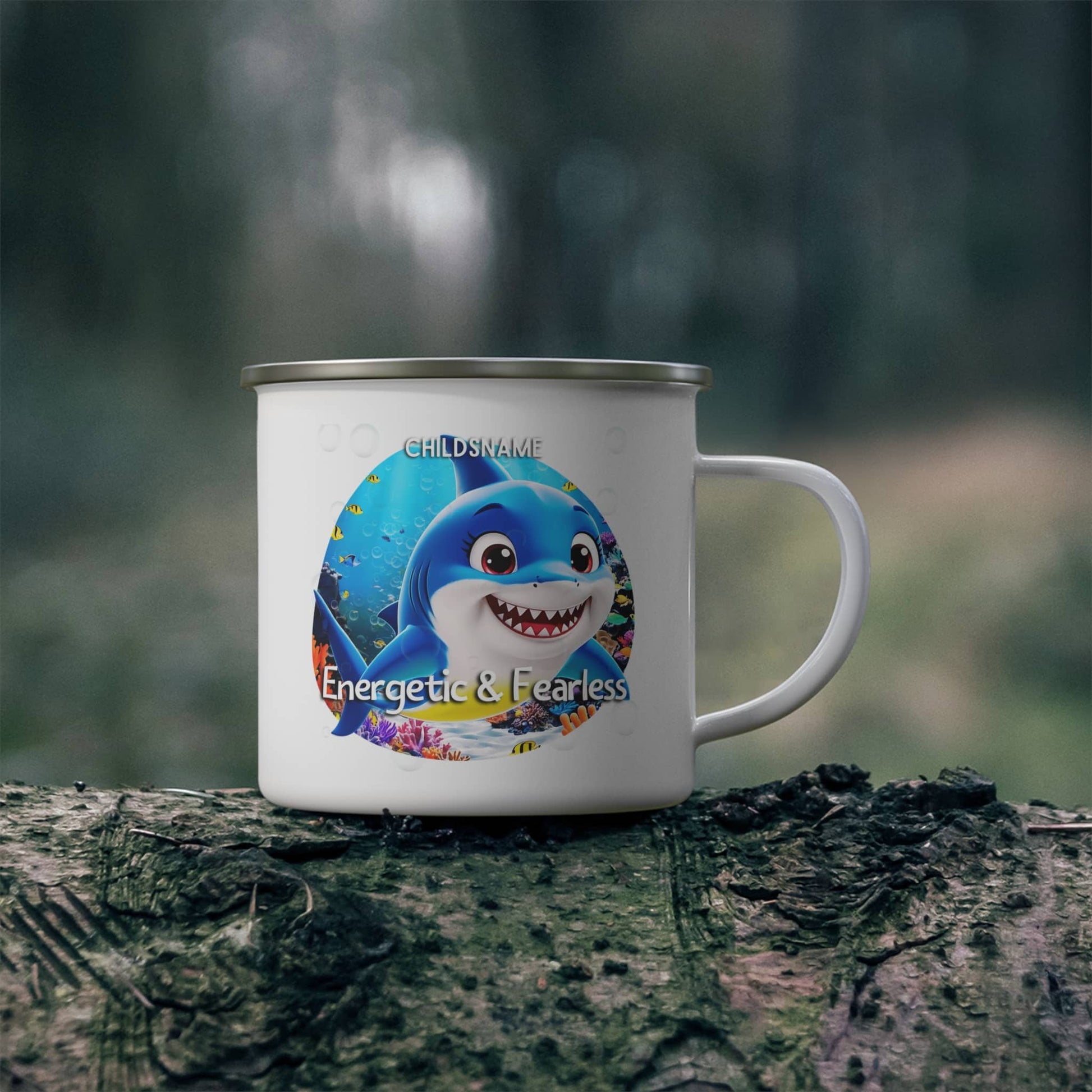 White kids camping mug with a cartoon shark design on a tree branch