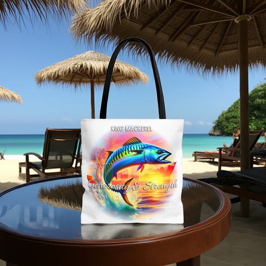 Birth month beach tote featuring colorful King Mackerel design with generosity and strength text