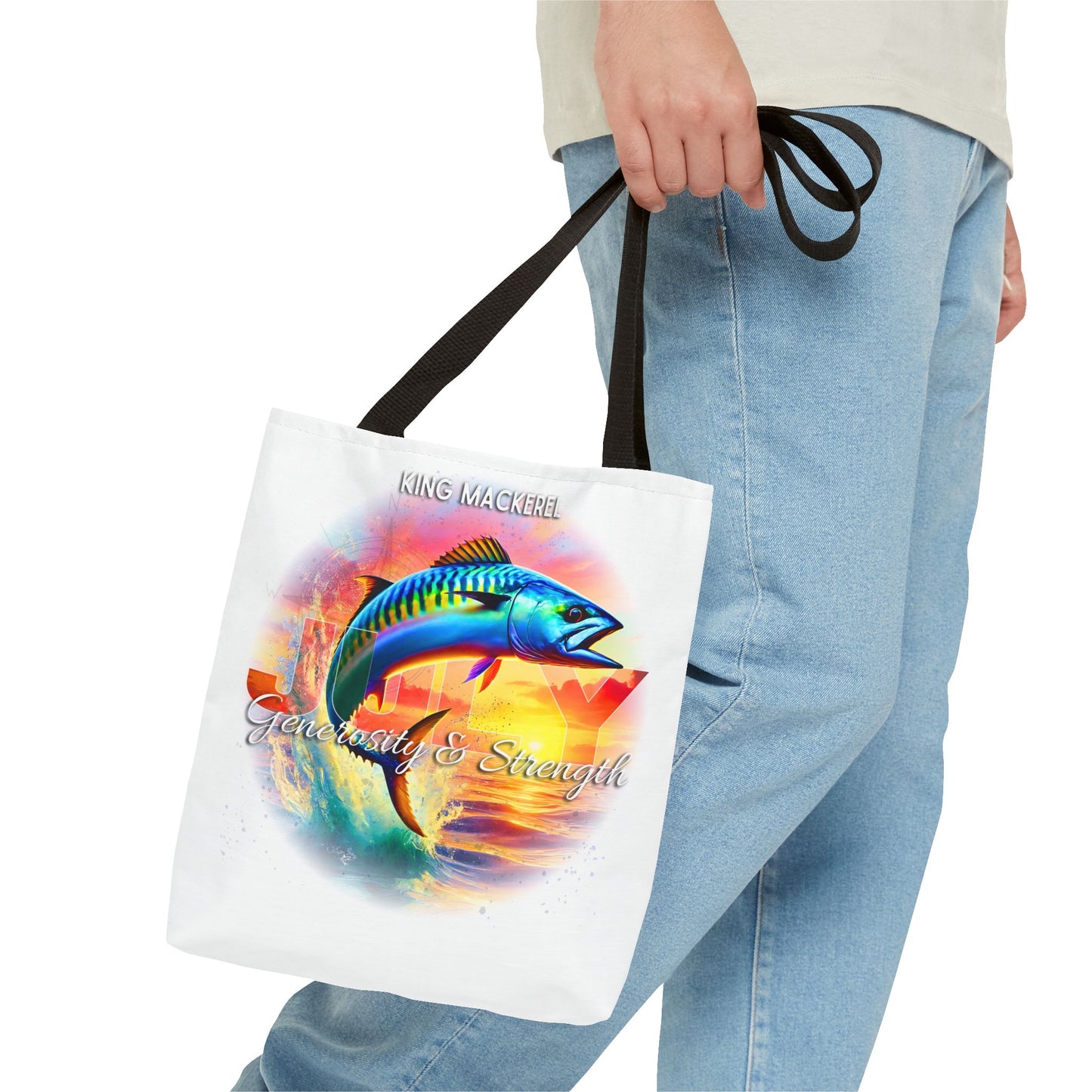 Birth month beach tote featuring a colorful king mackerel design with generosity and strength text