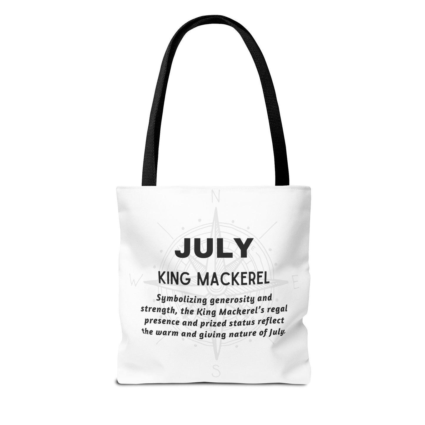 July birth month beach tote with King Mackerel design symbolizing generosity and strength