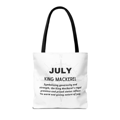 White birth month beach tote for July featuring King Mackerel design and black handles