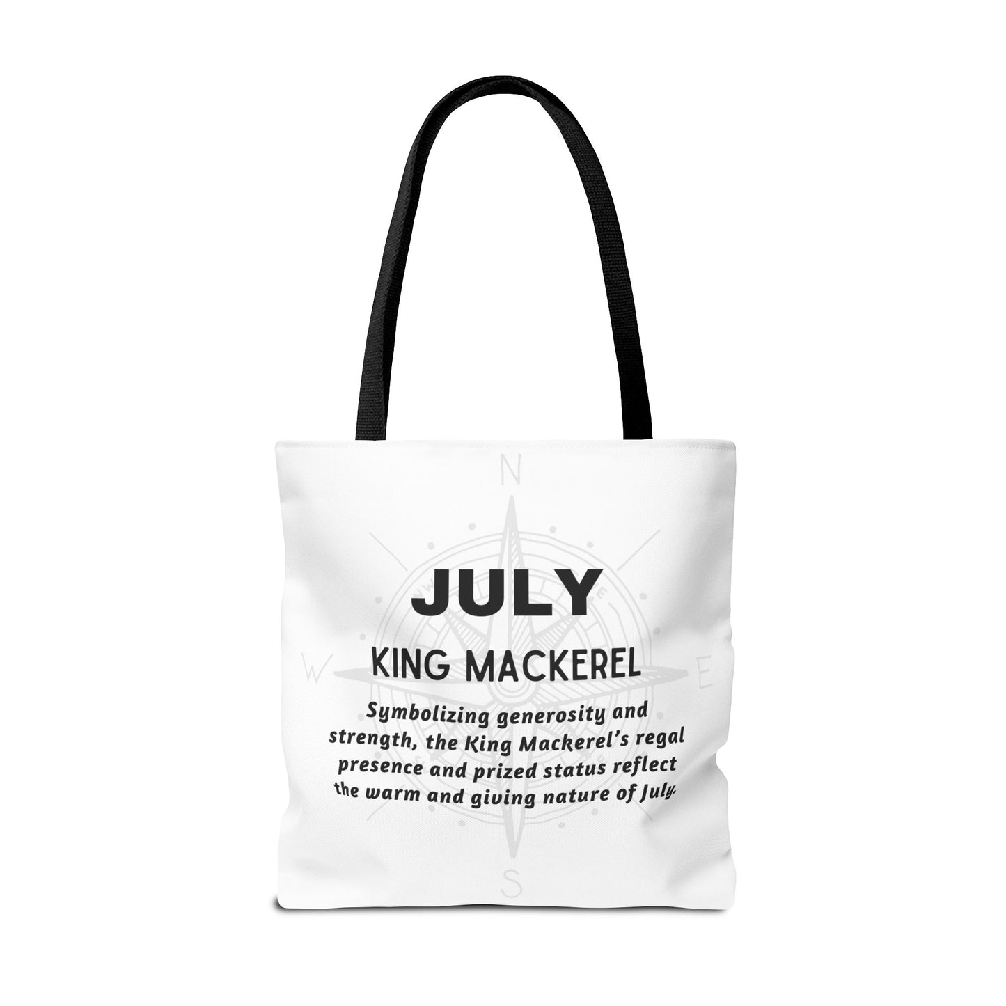 White July birth month beach tote with King Mackerel text and black handles 