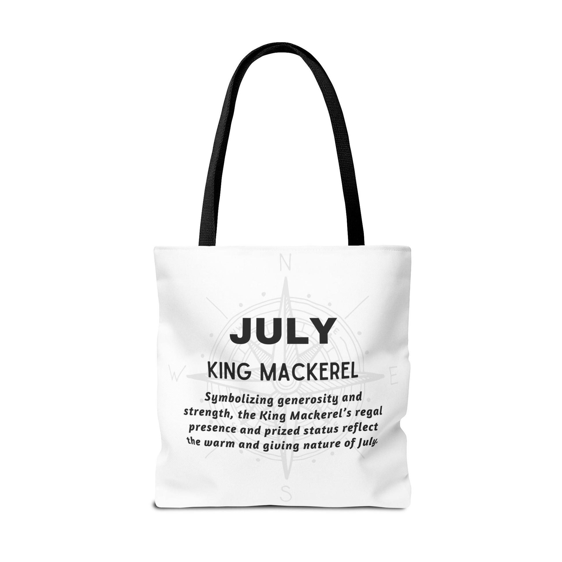 White July birth month beach tote with King Mackerel text and black handles 