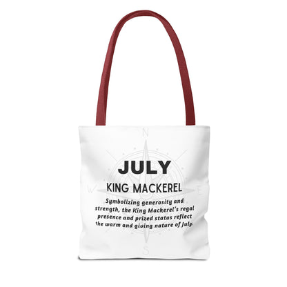 July King Mackerel birth month beach tote with red handles and inspirational text design