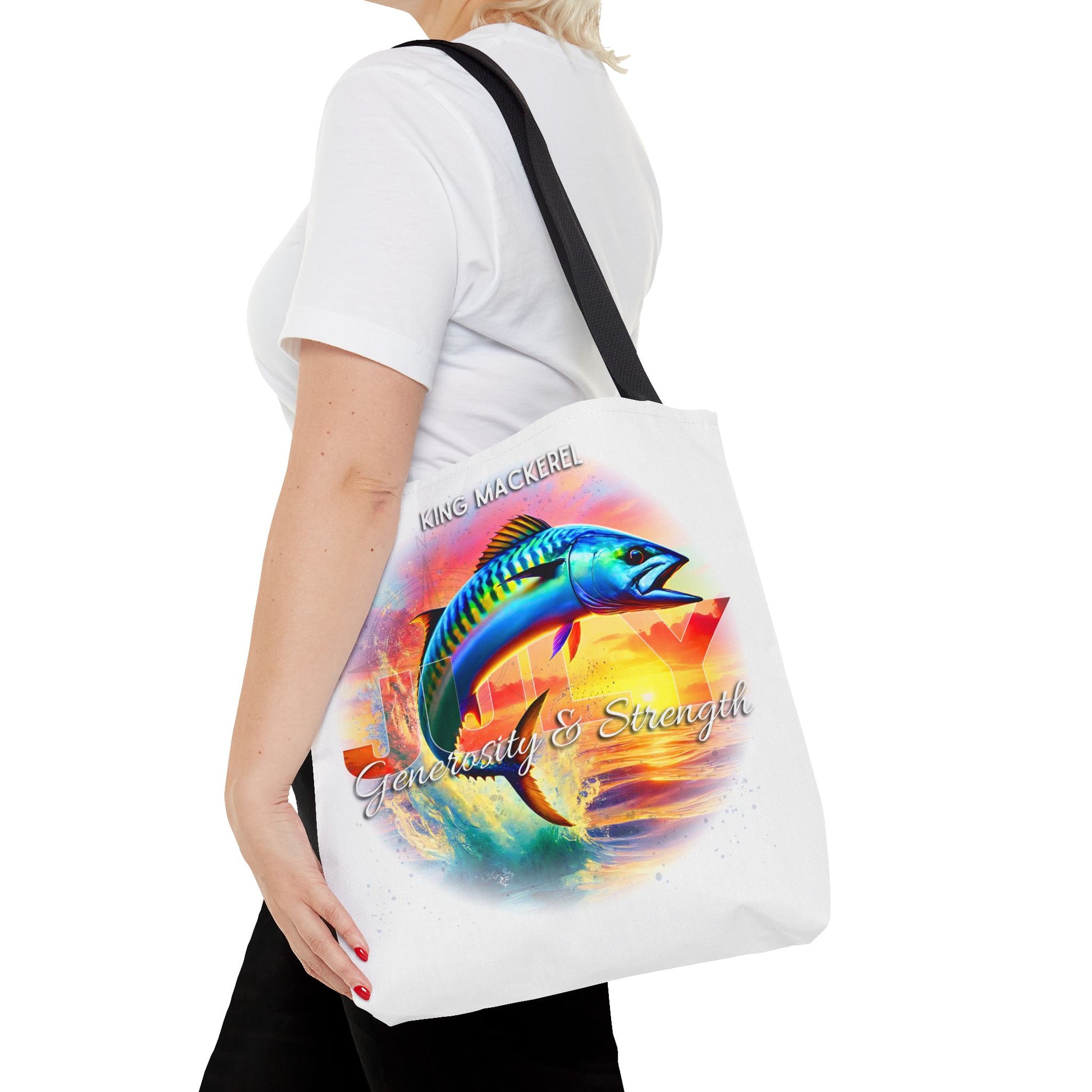 Birth month beach tote with colorful king mackerel fish design and generosity strength text
