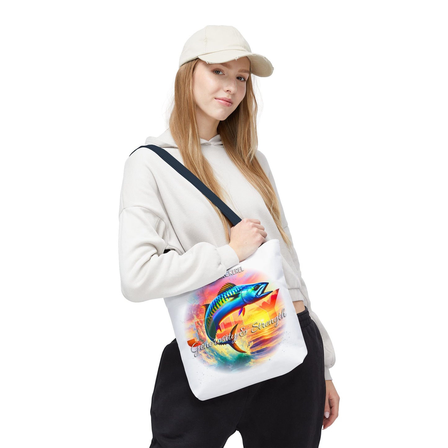 Birth month beach tote bag with colorful fish design on white canvas worn by a woman