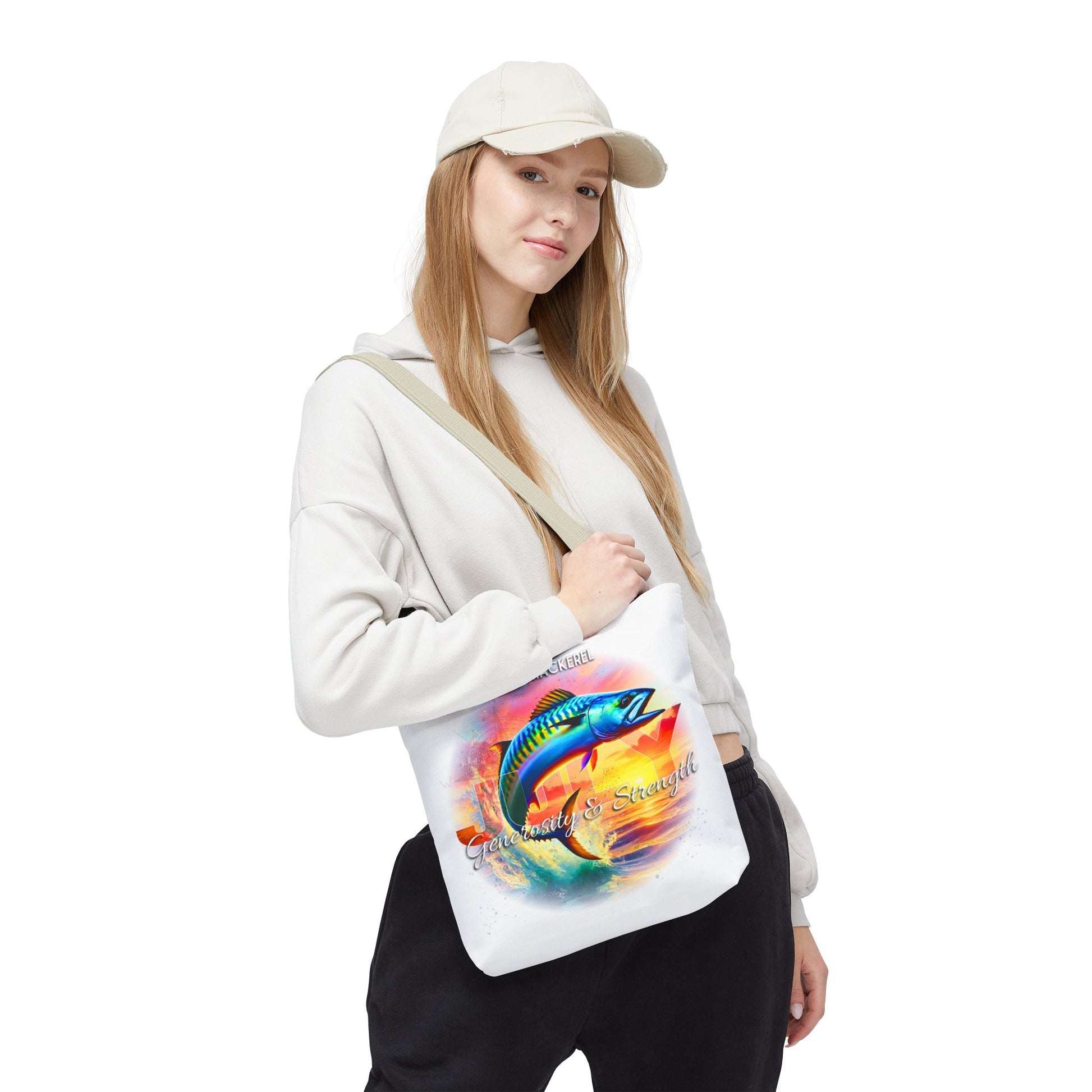 Woman wearing a white birth month beach tote with colorful fish design and adjustable strap