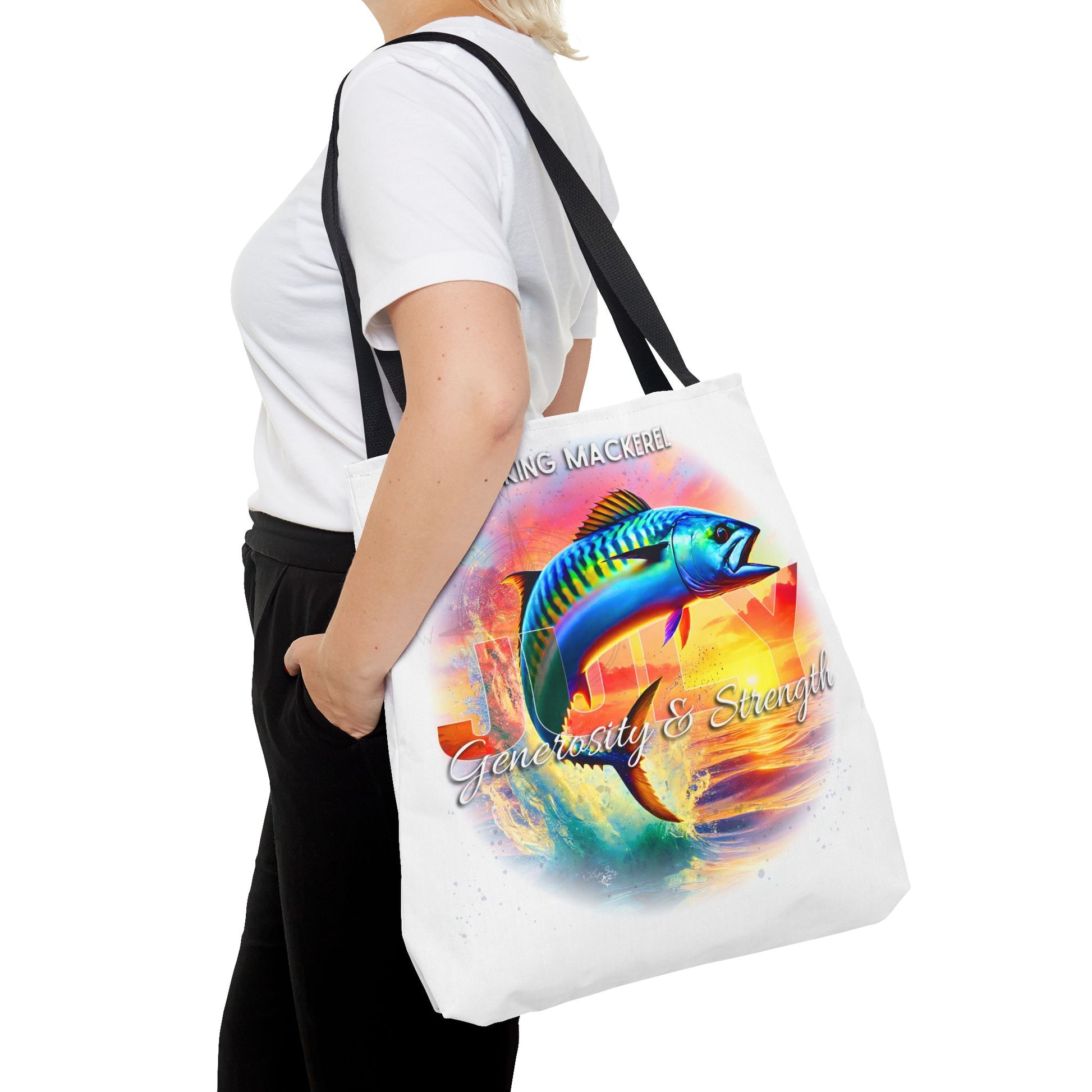 Birth month beach tote with colorful king mackerel design and black shoulder straps