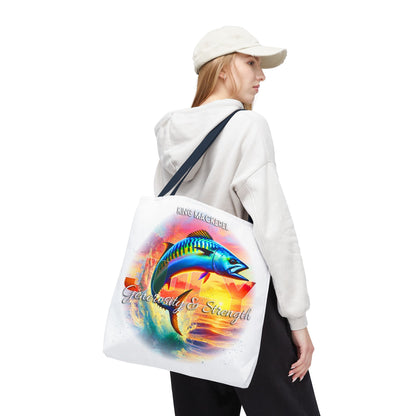 Birth month beach tote with colorful King Mackerel fish design and Versatility & Strength text